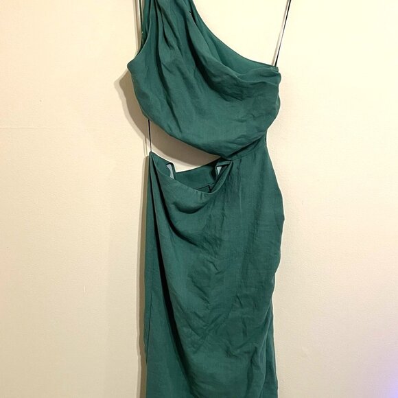 ZARA Green Cutout One Shoulder Linen Dress Size S - Picture 3 of 4